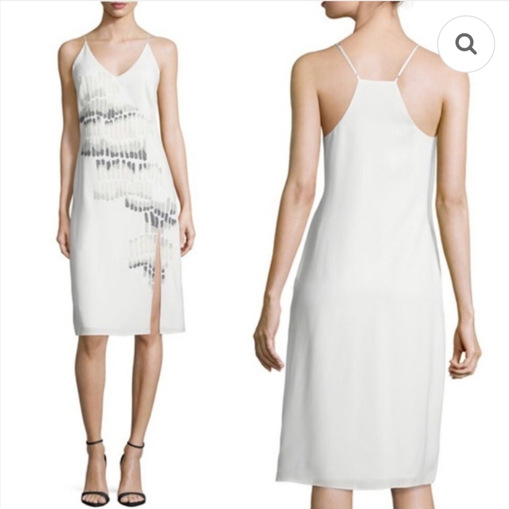 NWT Halston Heritage Embroidered Beades V-neck White Gray Dress, Sz 2